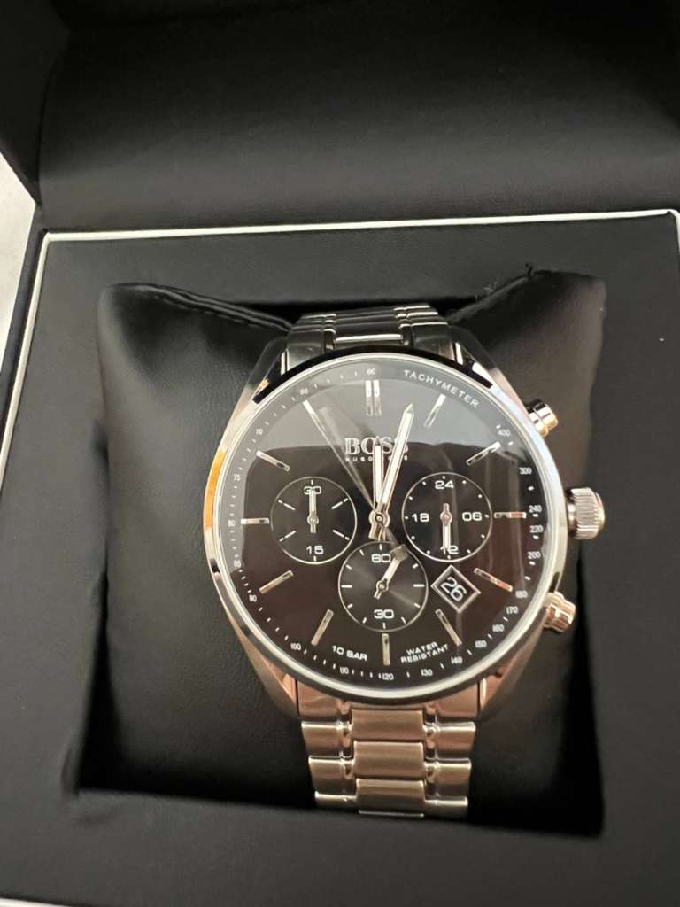 Hugo Boss Champion Chronograph Black Dial Silver Steel Strap Watch for Men - 1513871