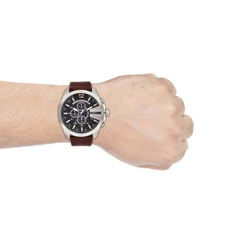 Diesel Mega Chief Chronograph Black Dial Brown Leather Strap Watch For Men - DZ4290