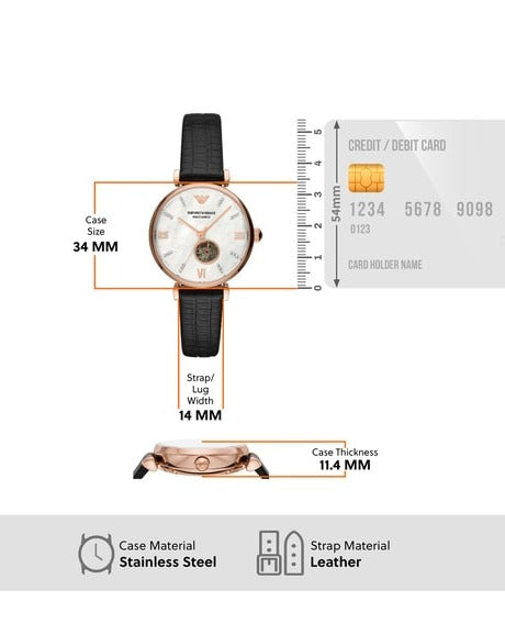 Emporio Armani Meccanico Gianni T Bar Mother of Pearl White Dial Black Leather Strap Watch For Women - AR60047