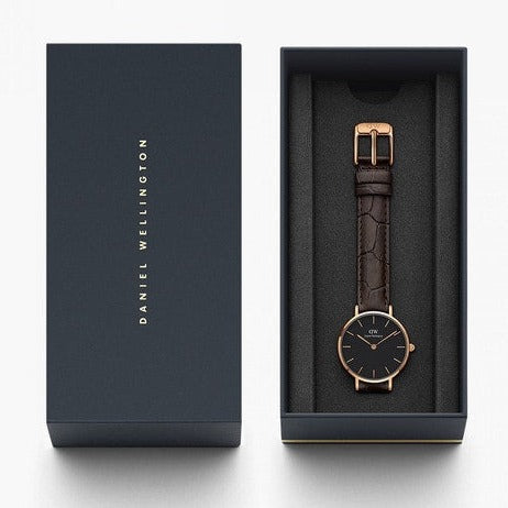 Daniel Wellington Classic Petite York Black Dial Brown Leather Strap Watch For Women - DW00100226