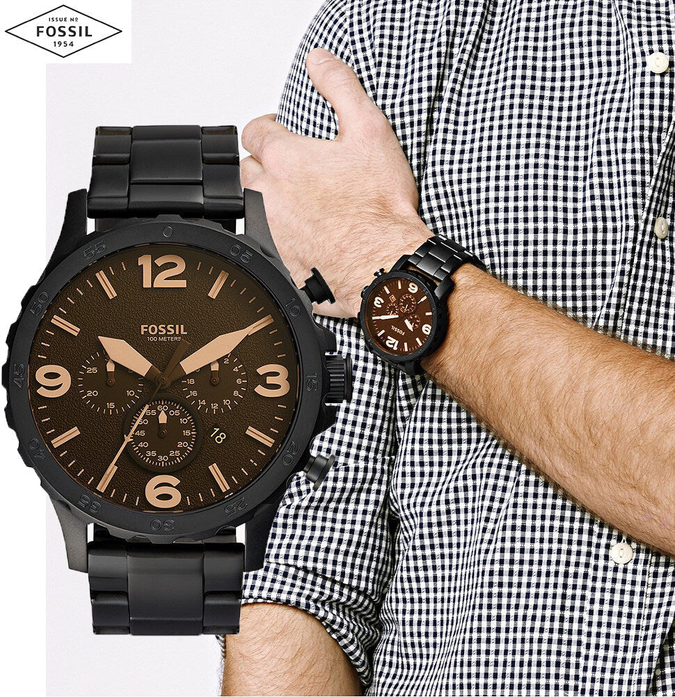 Fossil Nate Chrongraph Ion Plated Black Dial Black Steel Strap Watch for Men - JR1356