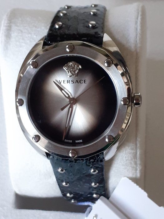 Versace Shadov Quartz Silver Dial Black Snake Leather Strap Watch for Women - VEBM00118