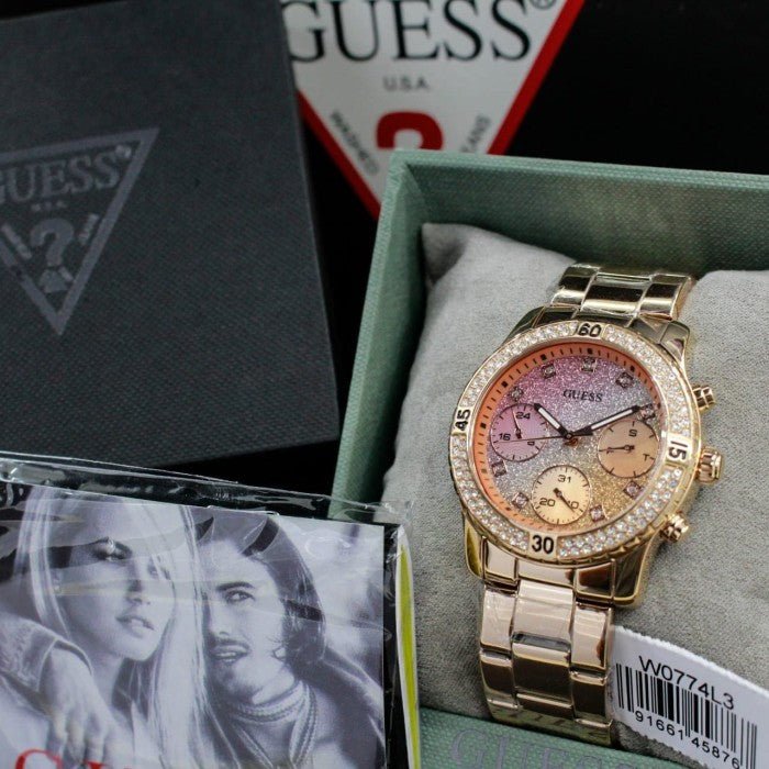 Guess Confetti Pink Dial Rose Gold Steel Strap Watch For Women - W0774L3