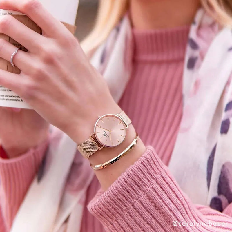 Daniel Wellington Petite Melrose Pink Dial Rose Gold Mesh Strap Watch For Women - DW00100367