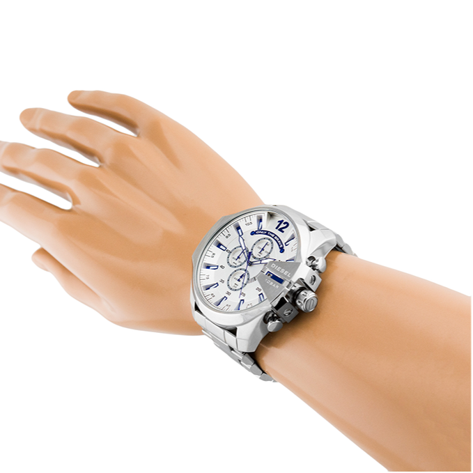 Diesel Mega Chief Chronograph Silver Dial Silver Steel Strap Watch For Men - DZ4477