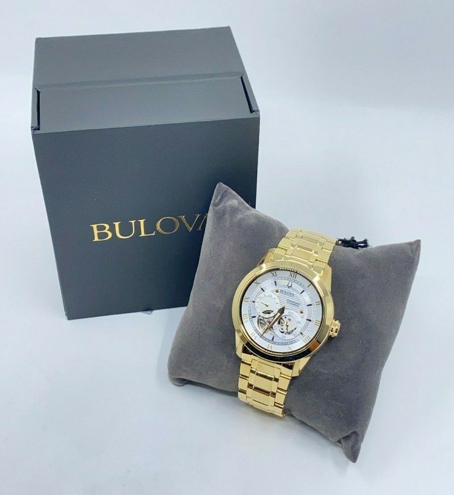 Bulova BVA Skeleton Silver Dial Gold Steel Strap Watch for Men - 97A108