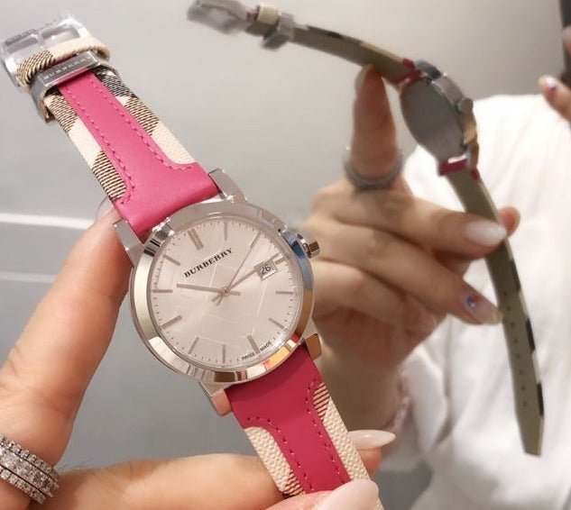 Burberry The City White Dial Haymarket Pink Leather Strap Watch for Women - BU9149