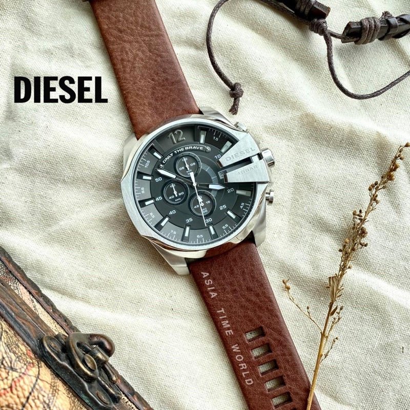 Diesel Mega Chief Chronograph Black Dial Brown Leather Strap Watch For Men - DZ4290