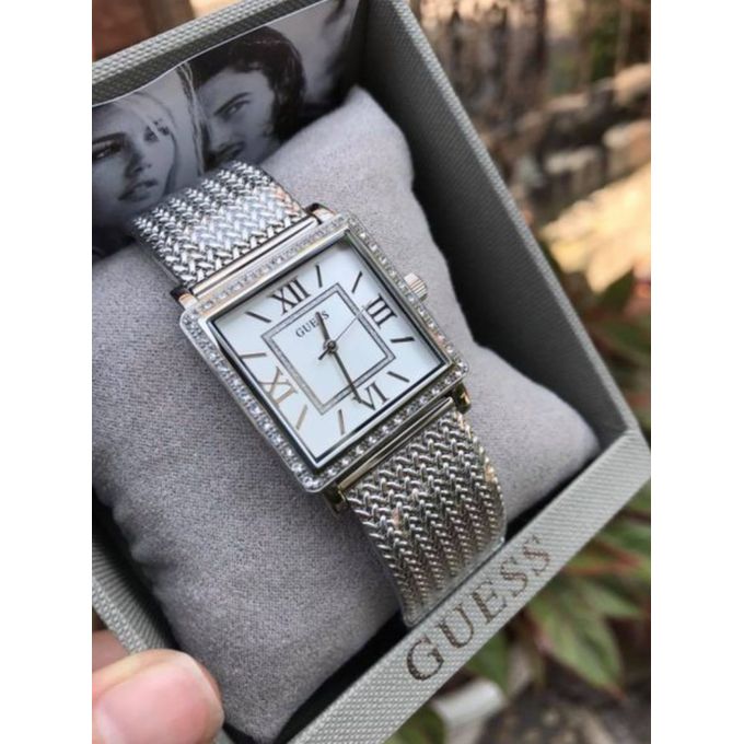Guess Highline White Dial Silver Mesh Bracelet Watch For Women - W0826L1