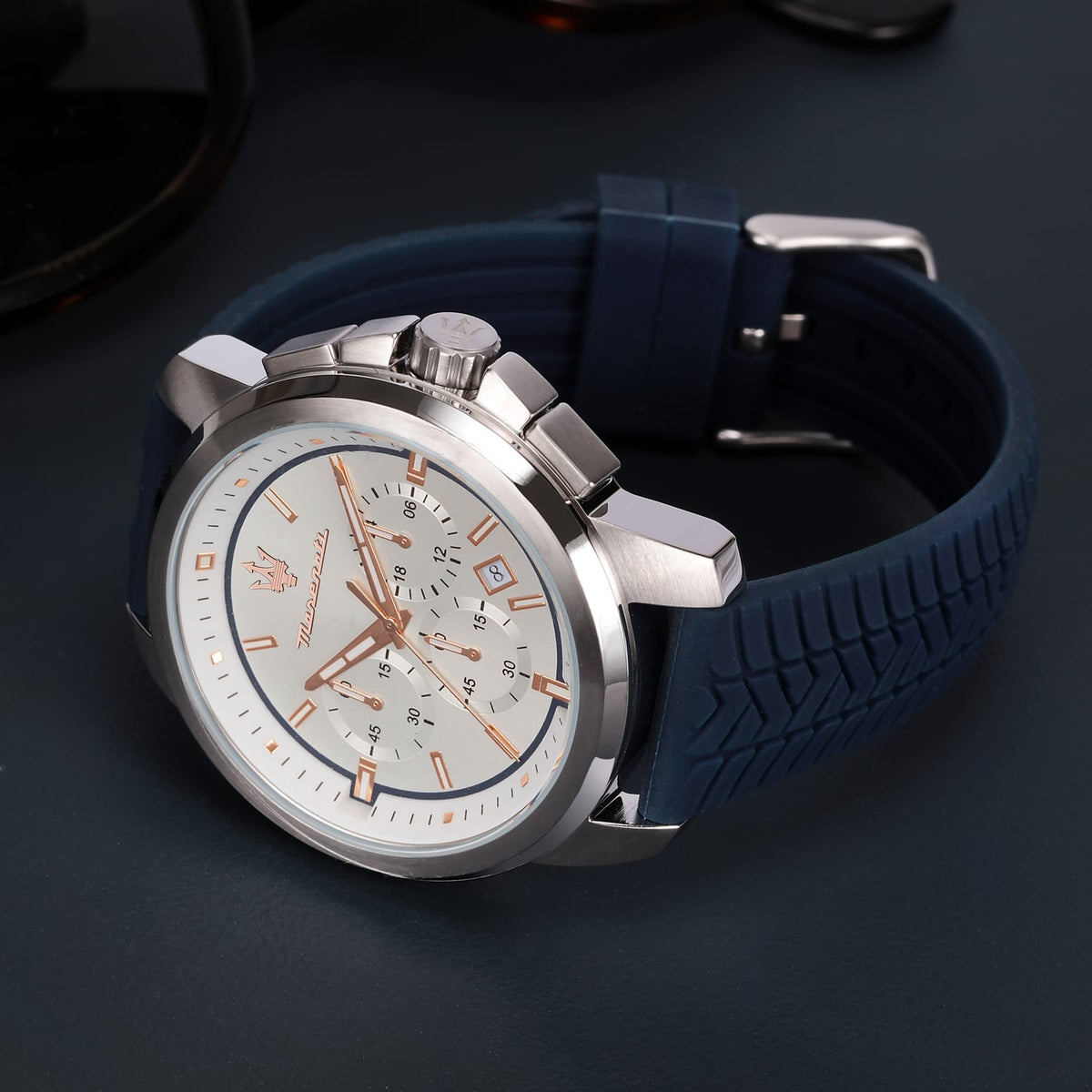 Maserati Successo Chronograph White Dial Blue Rubber Strap Watch For Men - R8871621013