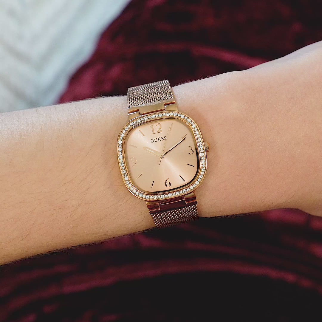 Guess Tapestry Diamonds Rose Gold Dial Rose Gold Mesh Bracelet Watch for Women - GW0354L3
