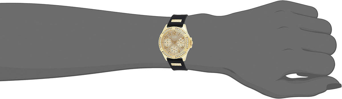 Guess Frontier Diamonds Gold Dial Black Rubber Strap Watch For Women - W1160L1