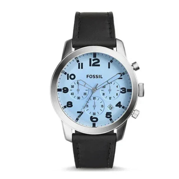 Fossil Pilot Chronograph Sky Blue Dial Black Leather Strap Watch for Men - FS5162