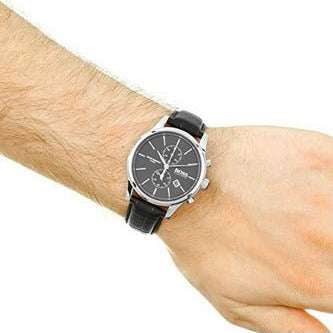 Hugo Boss Jet Black Dial Black Leather Strap Watch for Men - 1513279