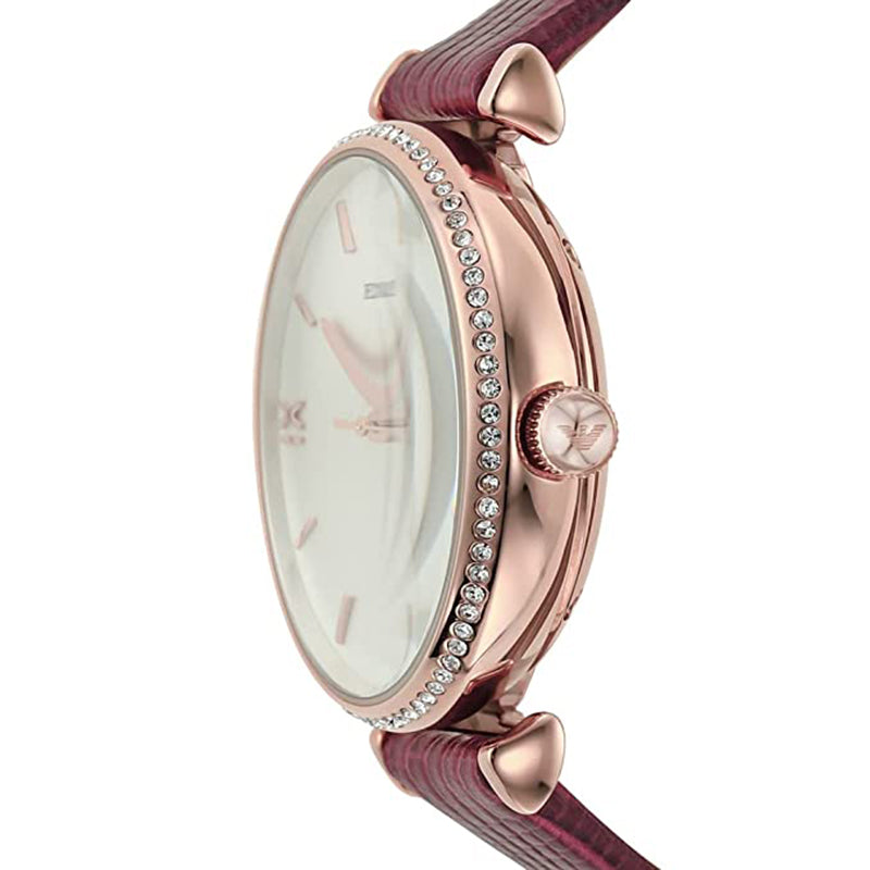 Emporio Armani Meccanico Automatic Silver Dial Red Leather Strap Watch For Women - AR60044