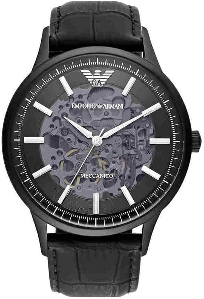 Emporio Armani Meccanico Automatic Skeleton Black Dial Black Leather Strap Watch For Men - AR60042