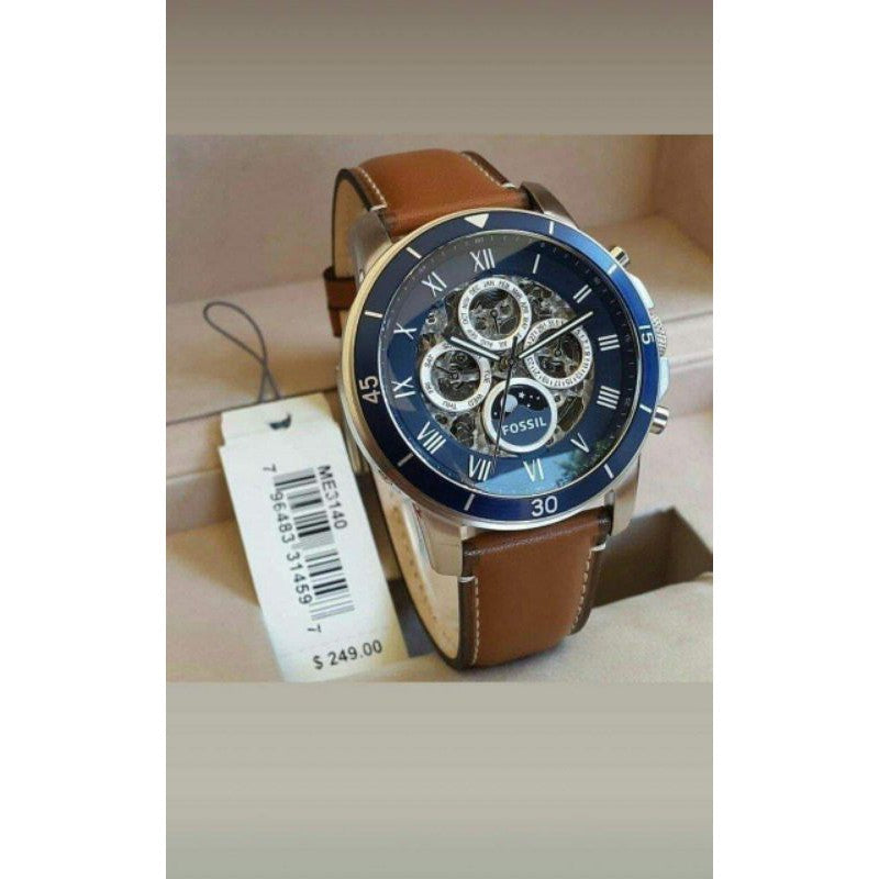 Fossil Grant Sport Automatic Skeleton Blue Dial Brown Leather Strap Watch for Men - ME3140