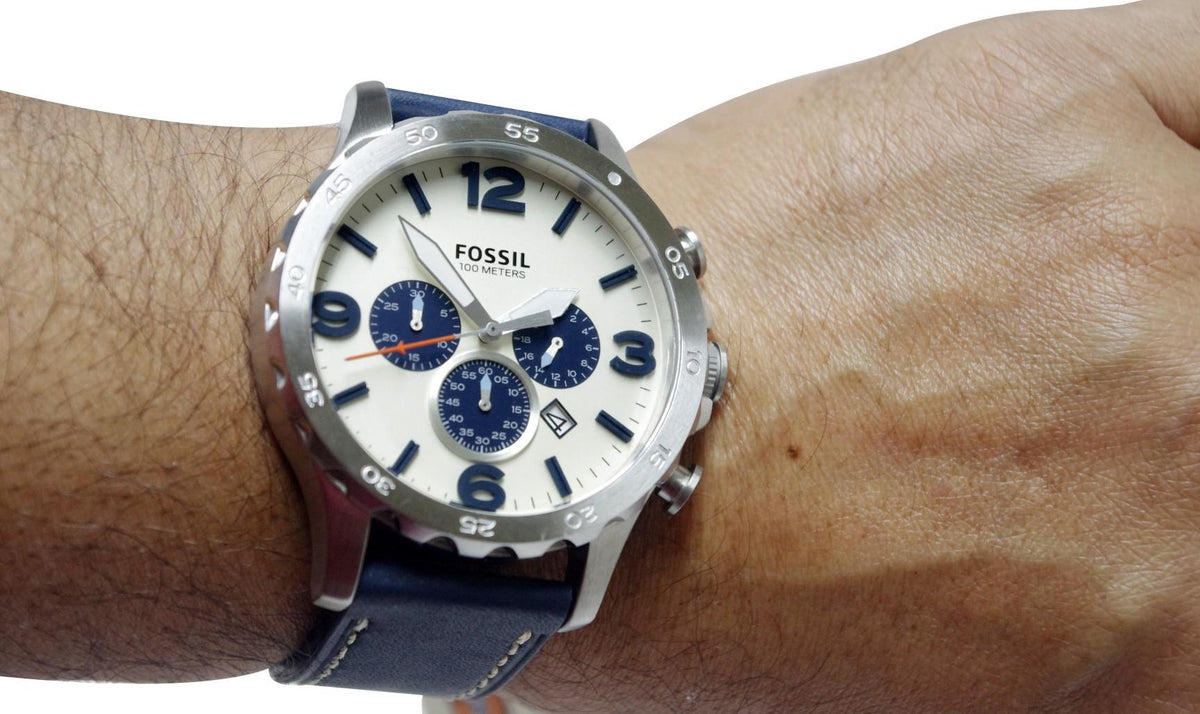 Fossil Nate Chronograph White Dial Blue Leather Strap Watch for Men - JR1480