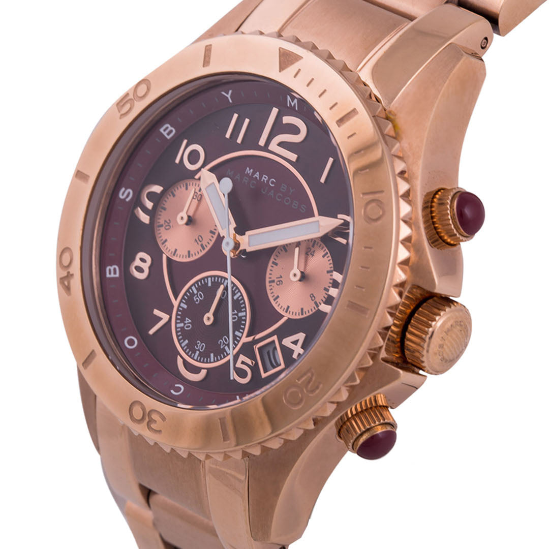 Marc Jacobs Rock Chronograph Mother of Pearl Red Dial Rose Gold Steel Strap Unisex Watch - MBM3251