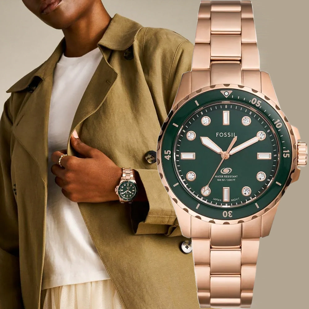 Fossil Blue Dive Three Hand Green Dial Rose Gold Steel Strap Watch For Women - ES5371