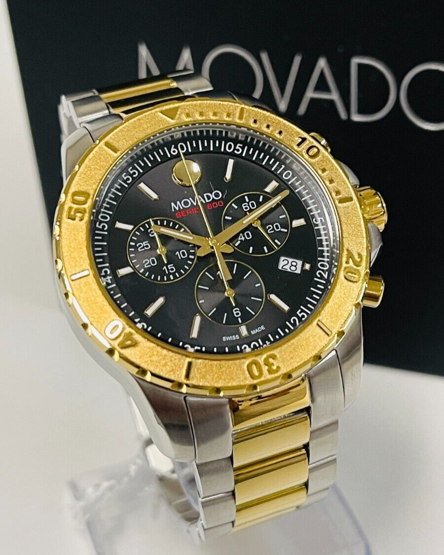 Movado Series 800 Chronograph Black Dial Two Tone Steel Strap Watch For Men - 2600138
