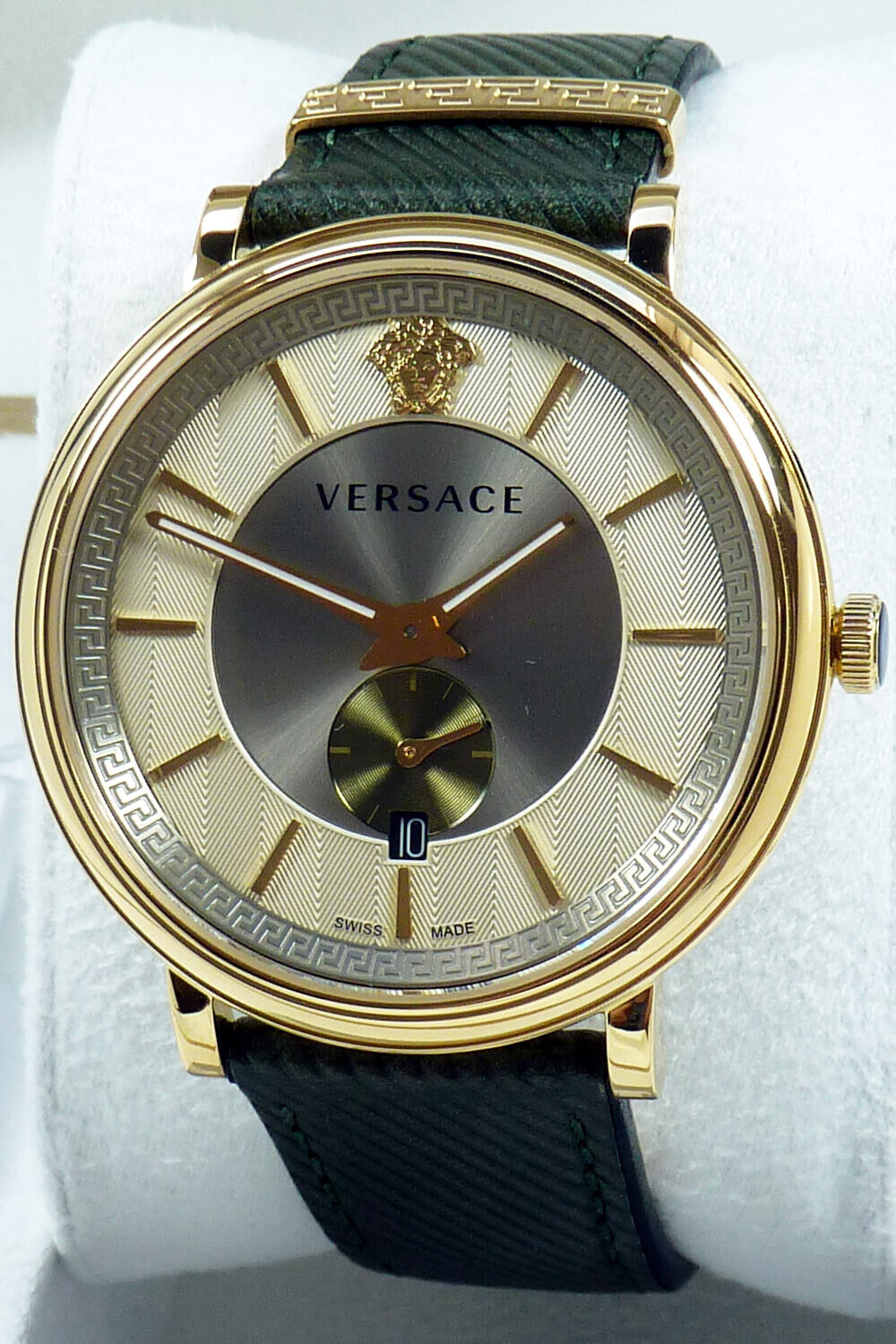 Versace V-Circle Manifesto Gold Dial Black Leather Strap Watch for Men - VBQ030017