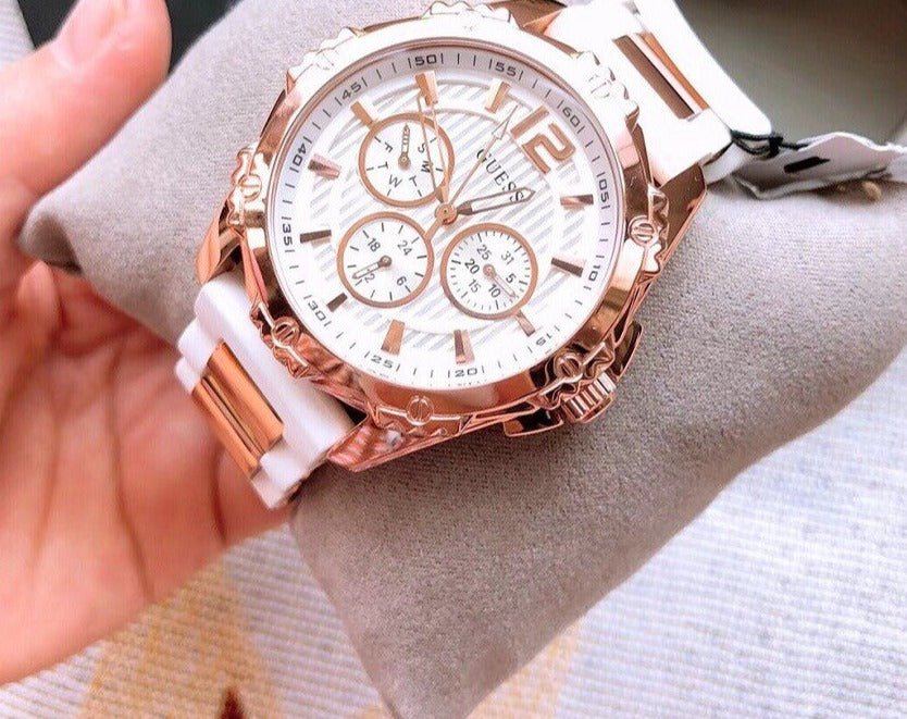 Guess Intrepid White Dial Two Tone Silicone Strap Watch For Women - W0325L6