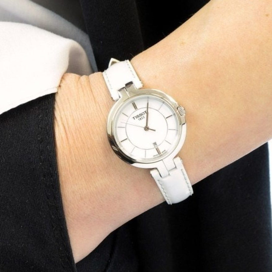 Tissot T Lady Flamingo White Dial White Leather Strap Watch For Women - T094.210.16.011.00