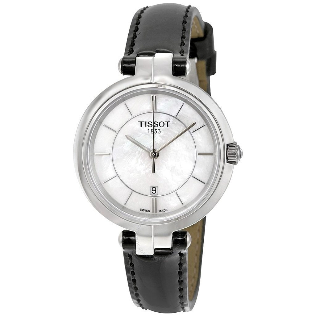 Tissot T Lady Flamingo Mother of Pearl White Dial Black Leather Strap Watch for Women - T094.210.16.111.00