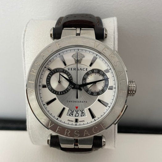 Versace Aion Chronograph White Dial Brown Leather Strap Watch for Men - VBR010017