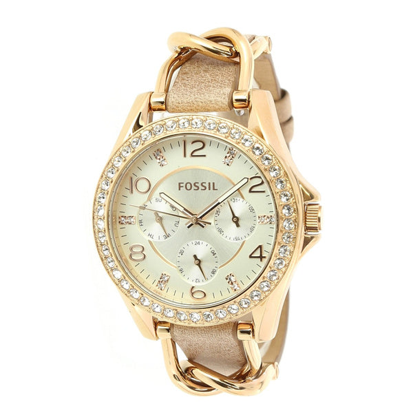 Fossil Riley White Dial Beige Leather Strap Watch for Women - ES3465