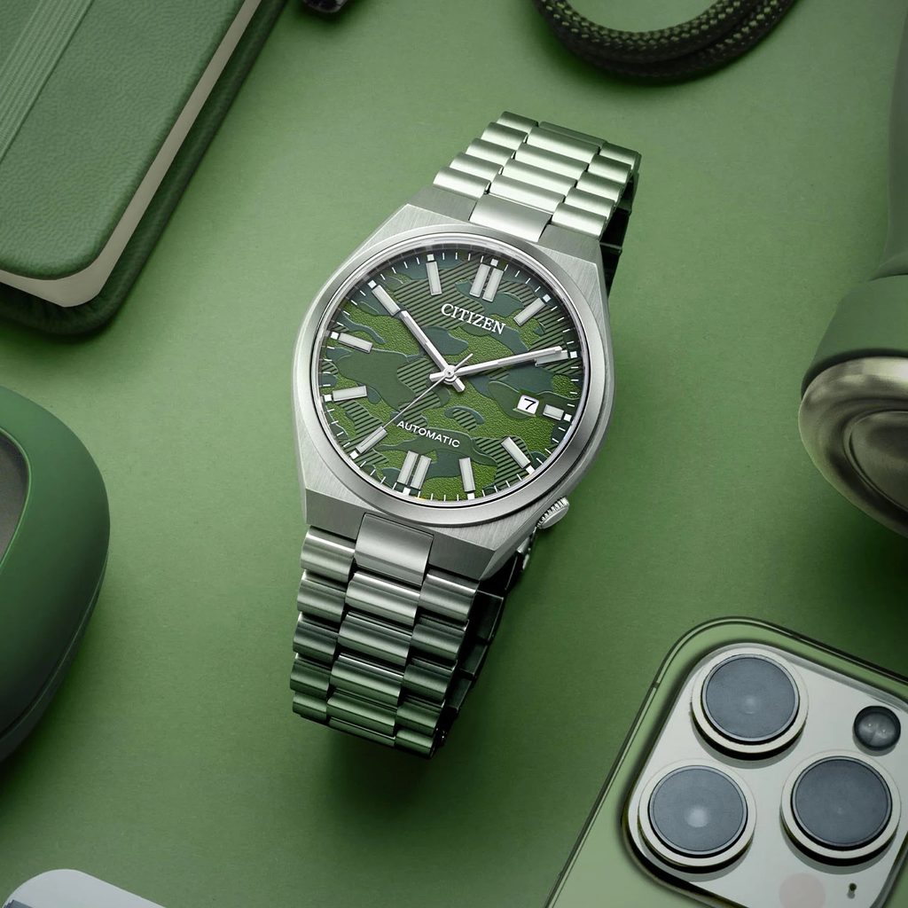 Citizen Tsuyosa Automatic Camouflage Green Dial Silver Steel Strap Watch For Men - NJ0159-86X