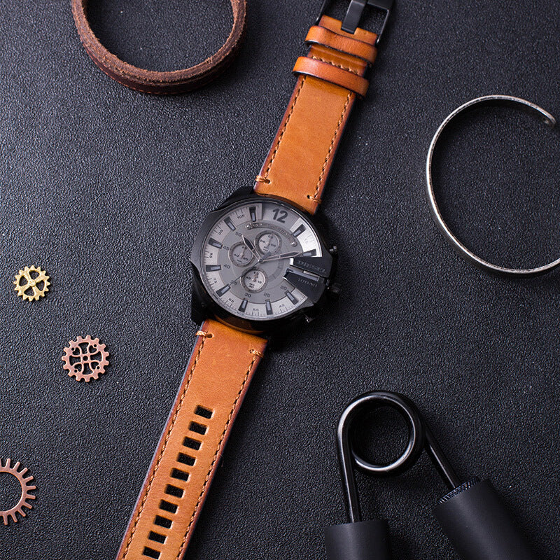 Diesel Mega Chief Chronograph Grey Dial Brown Leather Strap Watch For Men - DZ4463