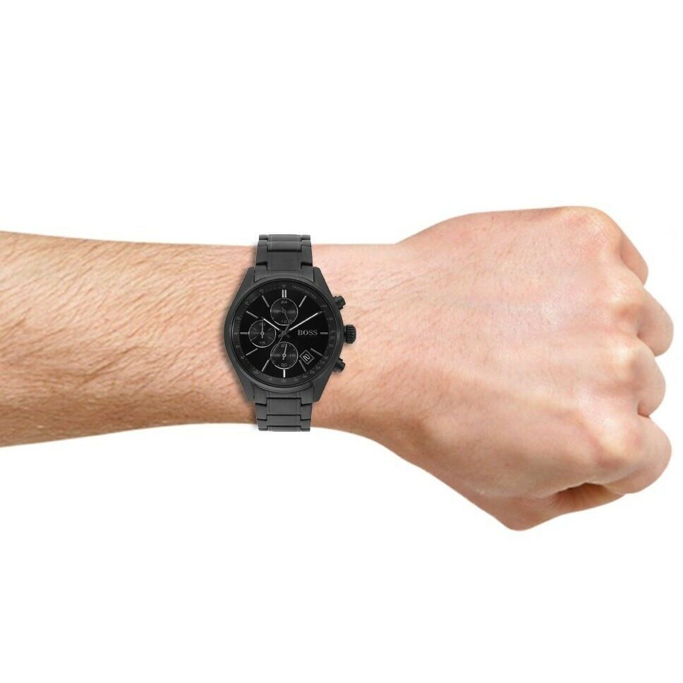 Hugo Boss Grand Prix Chronograph Black Dial Black Steel Strap Watch for Men - 1513676