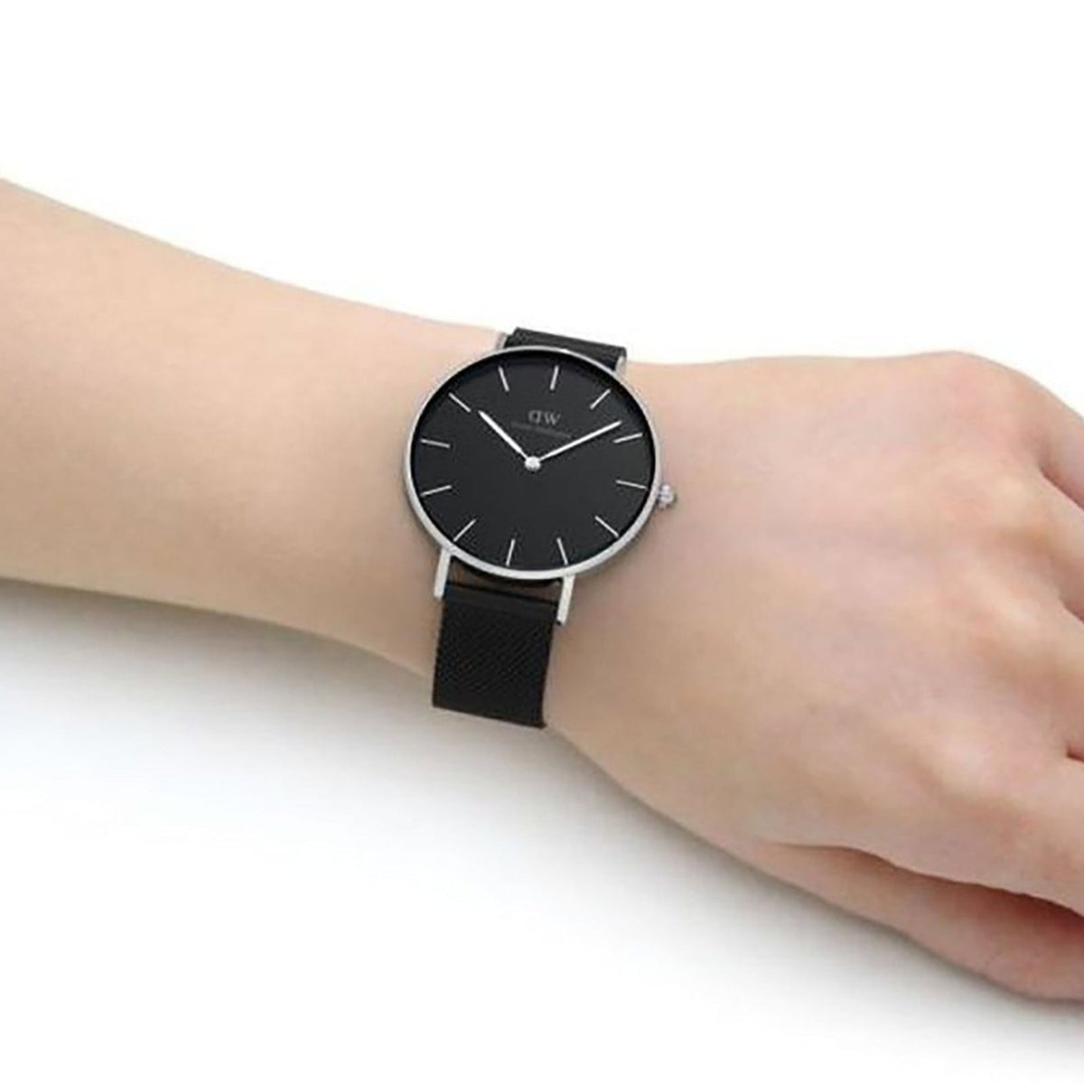 Daniel Wellington Petite Ashfield Black Dial Black Mesh Strap Watch For Women - DW00100308