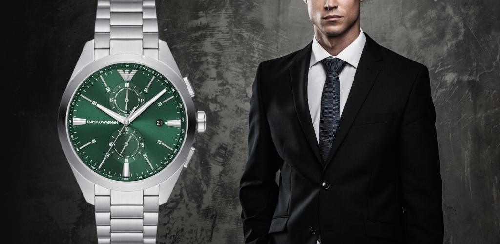 Emporio Armani Chronograph Green Dial Silver Steel Strap Watch For Men - AR11480