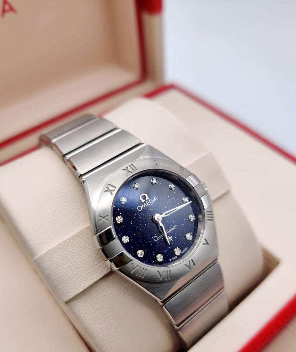 Omega Constellation Manhattan Quartz Diamonds Blue Dial Silver Steel Strap Watch for Women - 131.10.25.60.53.001