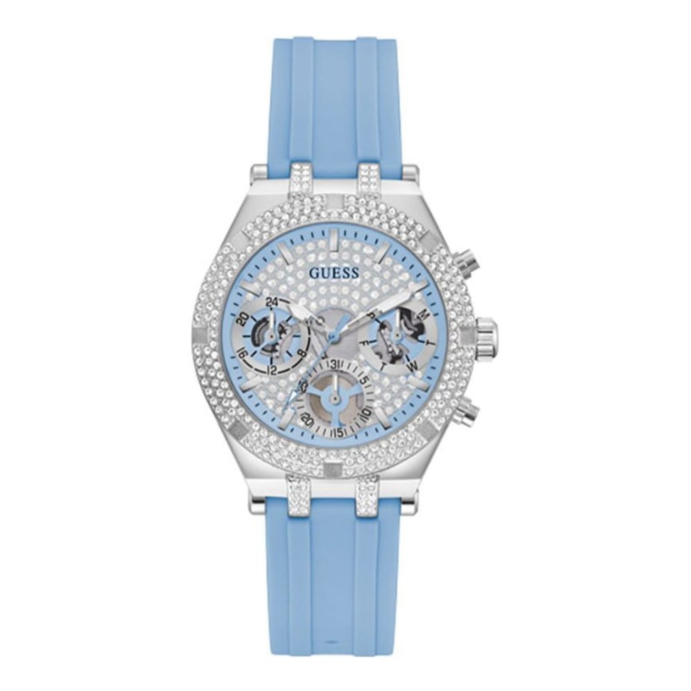 Guess Confetti Crystal Silver Dial Blue Rubber Strap Watch For Women - W1098L3