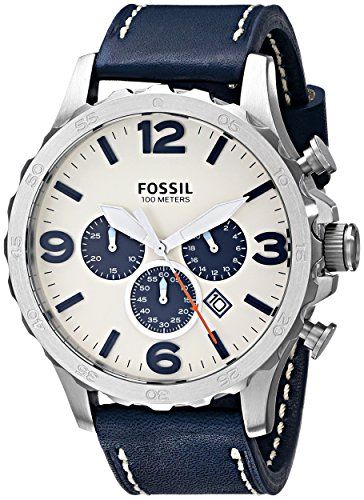 Fossil Nate Chronograph White Dial Blue Leather Strap Watch for Men - JR1480