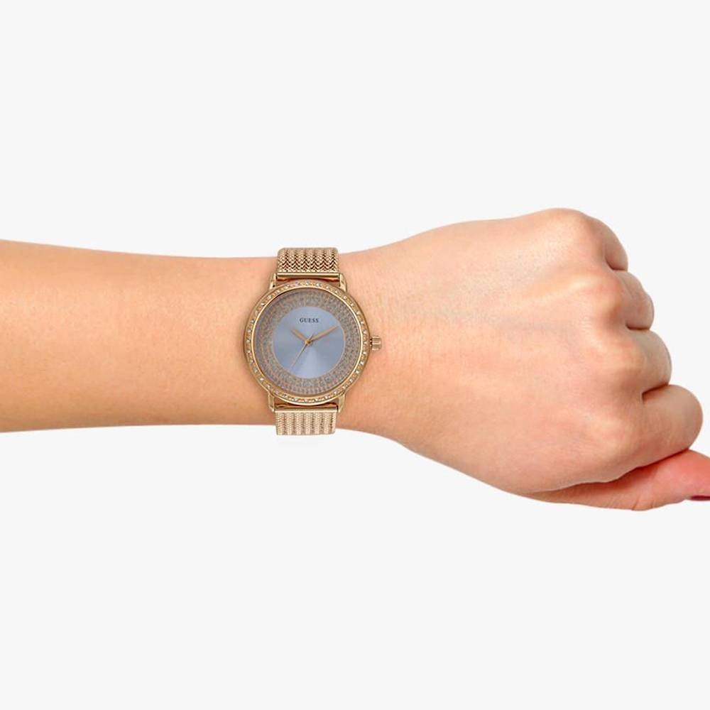 Guess Willow Crystal Blue Dial Rose Gold Mesh Bracelet Watch For Women - W0836L1
