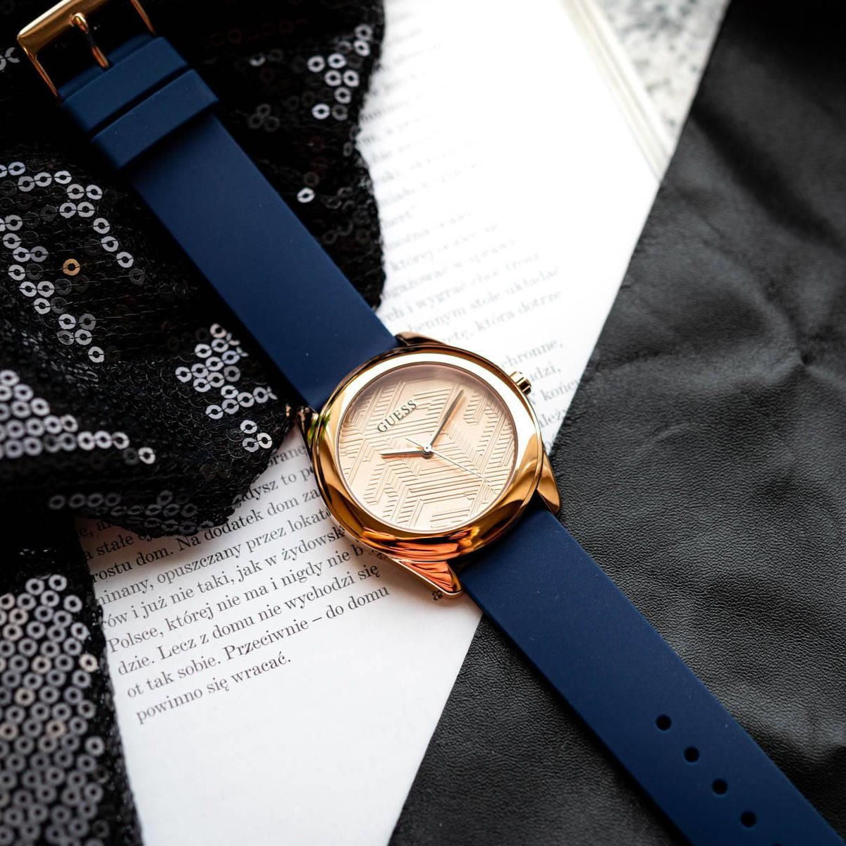 Guess Cubed Analog Rose Gold Dial Blue Leather Strap Watch For Women - GW0665L2