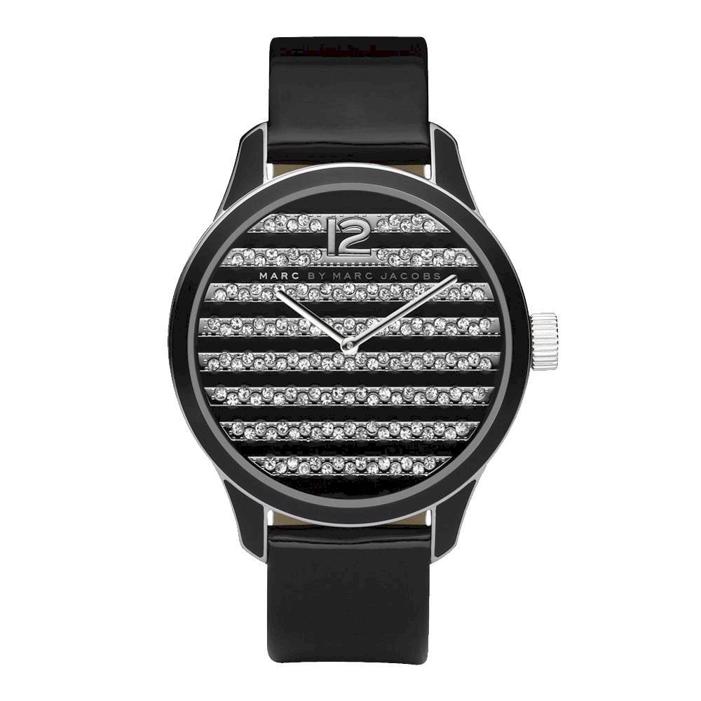 Marc Jacobs Lidia Stripe Glitz Black Dial Black Leather Strap Watch for Women - MBM1166