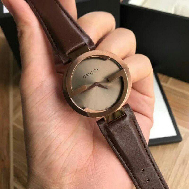 Gucci Interlocking Iconic Brown Dial Brown Leather Strap Watch For Women - YA133207
