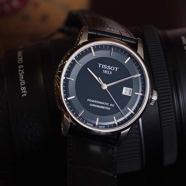 Tissot T Classic Luxury Powermatic 80 Black Dial Black Leather Strap Watch For Men - T086.408.16.051.00