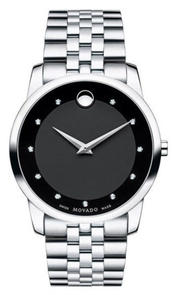 Movado Museum Diamonds Black Dial Silver Steel Strap Watch For Men - 606878