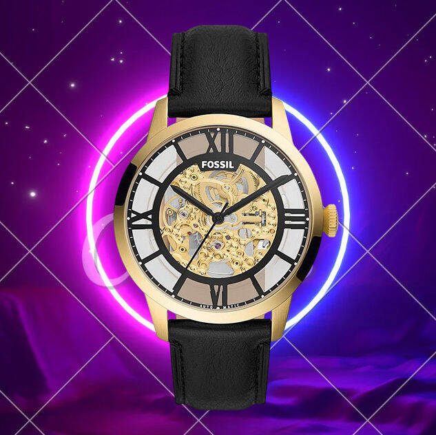 Fossil Townsman Automatic Skeleton Black Dial Black Leather Strap Watch for Men - ME3210