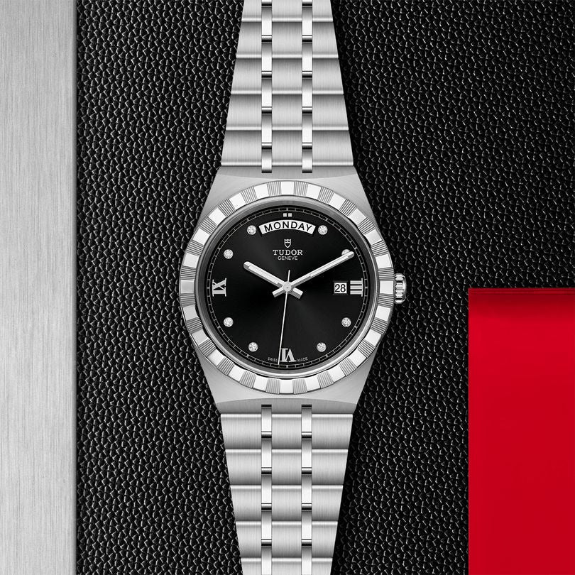 Tudor Royal Automatic Diamonds Black Dial Silver Steel Strap Watch for Men - M28600-0004
