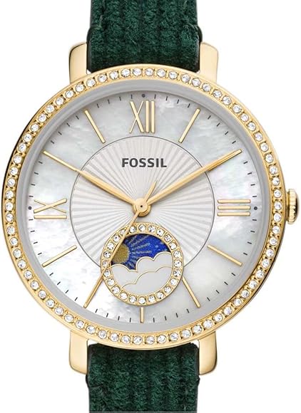Fossil Jacqueline Multifunction Moonphase Mother of Pearl White Dial Green Leather Strap Watch for Women - ES5244