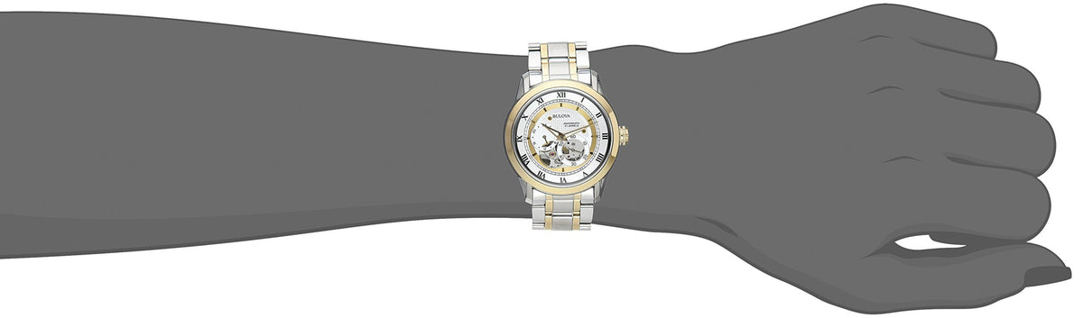 Bulova BVA Skeleton Silver Dial Two Tone Steel Strap Watch for Men - 98A123