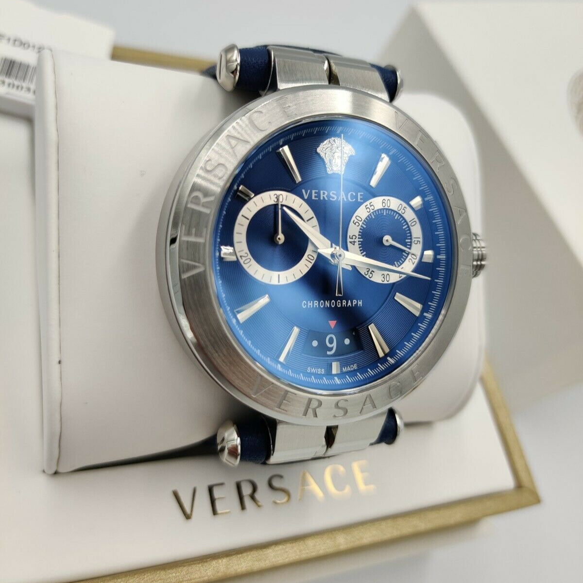 Versace Aion Chronograph Blue Dial Blue Leather Strap Watch for Men - VE1D01220
